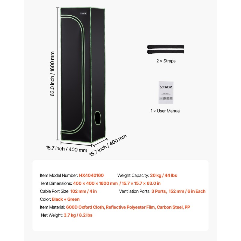 Sisäkasviteltta 600D kangas heijastava polyesterikalvo mitat 400x400x1600 mm