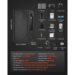 Kasviteltta 100x100x200 cm 600D Oxford-kankaalla täyden spektrin LEDillä ja ilmanvaihdolla