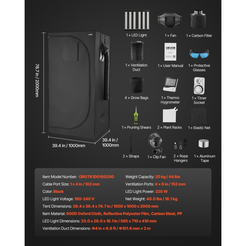 Kasviteltta 100x100x200 cm 600D Oxford-kankaalla täyden spektrin LEDillä ja ilmanvaihdolla