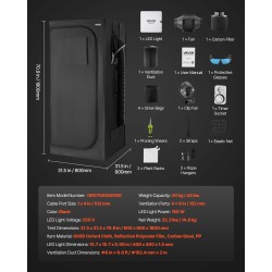 Kasvatuskaappi sisäkäyttöön 600D-kankainen 800×800×1800 mm täysspektrivalo 150 wattia