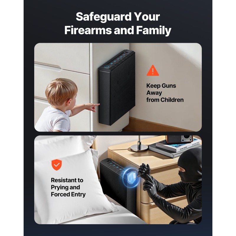 Liukukannellinen pistoolikaappi kylmävalssattu teräs vaahtomuovivuoraus yksi käsiase ja lipas sormenjälki PIN-koodi hätäavain