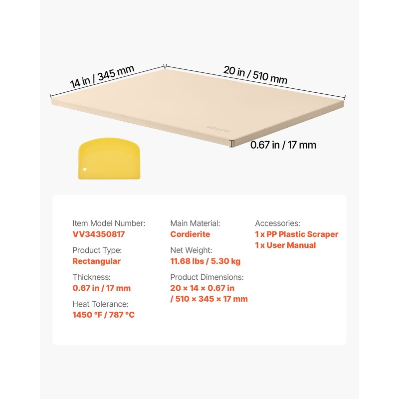 Pizzakivi cordieriittinen suorakulmainen 508×355 mm 17 mm uuniin ja grilliin