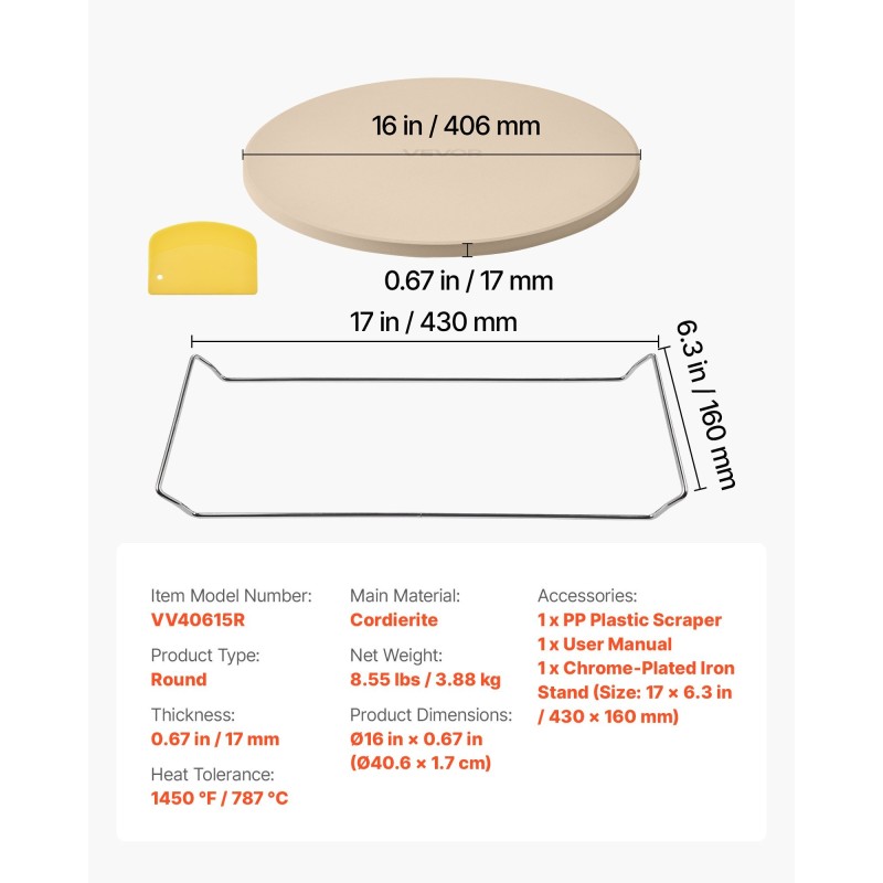 Pizzakivi pyöreä kordieriitti halkaisija 406 mm paksuus 17 mm
