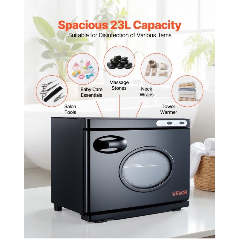 Pyyhenlämmitinkaappi 23 litraa alumiiniseosinen sisätila ruostumaton teräs puhdistuslamppu 36 pyyhettä