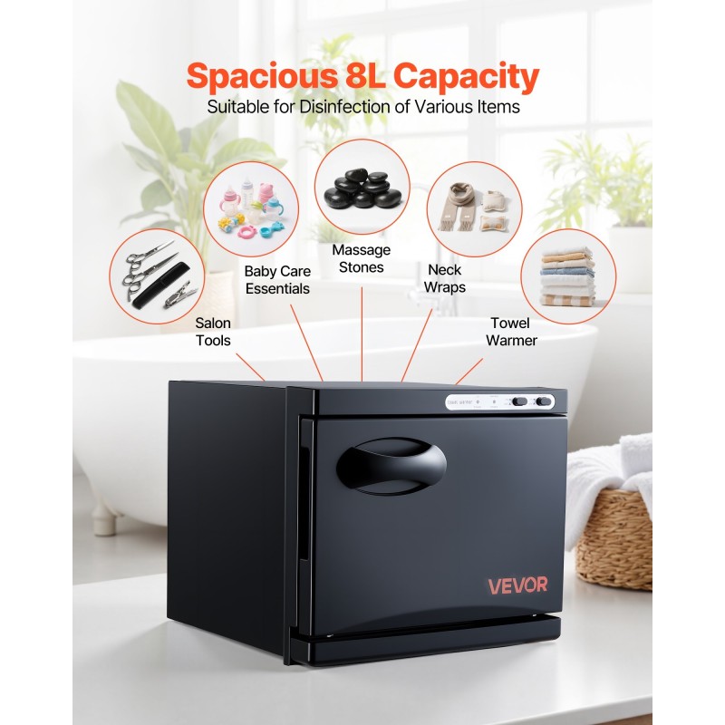 Kuumapyyhekaappi kahdeksan litraa ruostumaton terästeline höyrydesinfiointi kaksitoista pyyhettä musta