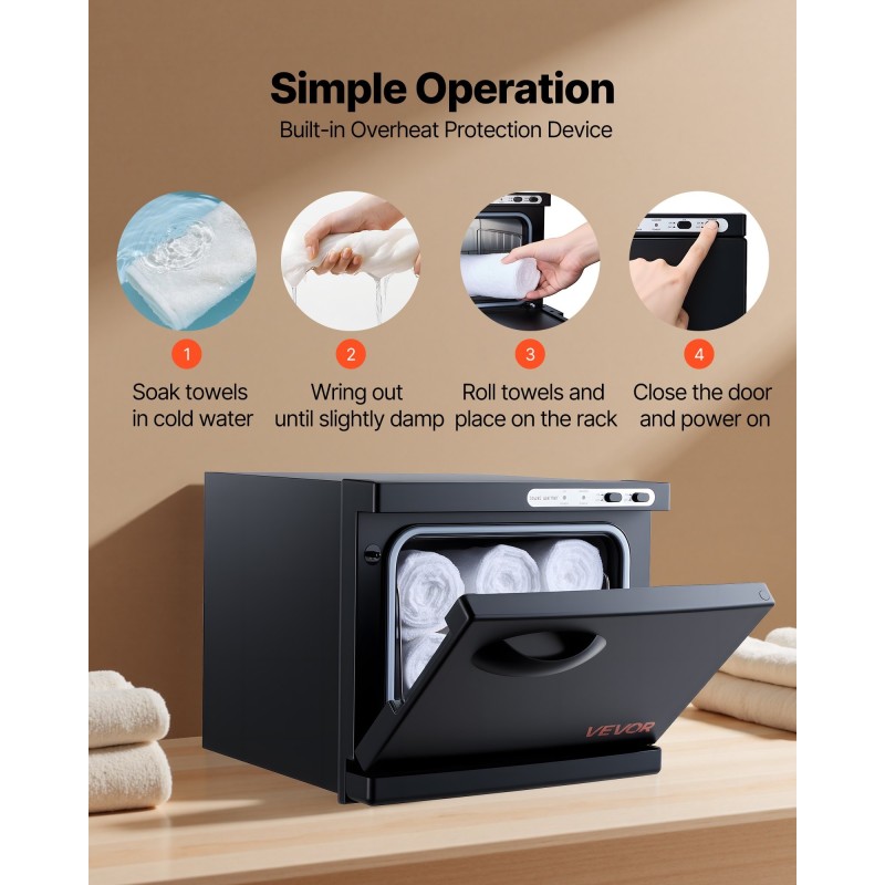 Kuumapyyhekaappi kahdeksan litraa ruostumaton terästeline höyrydesinfiointi kaksitoista pyyhettä musta