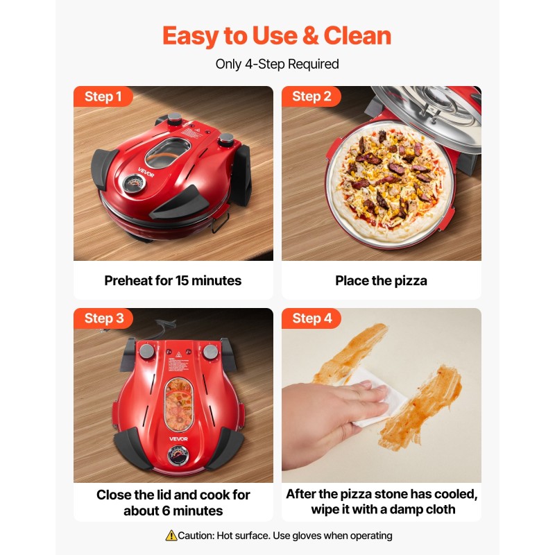 Sähköinen pizzauuni 1200W 304,8 mm kordieriittikivellä työtasolle punainen