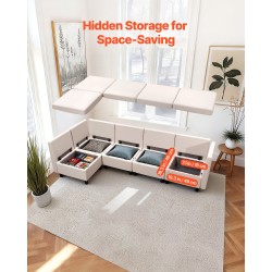 Sohva 5-paikkainen modulaarinen murtovalkoinen puuvilla-pellavasekoitekangas säilytystilalla täyspuinen runko