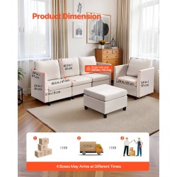 Sohva 5-paikkainen modulaarinen murtovalkoinen puuvilla-pellavasekoitekangas säilytystilalla täyspuinen runko