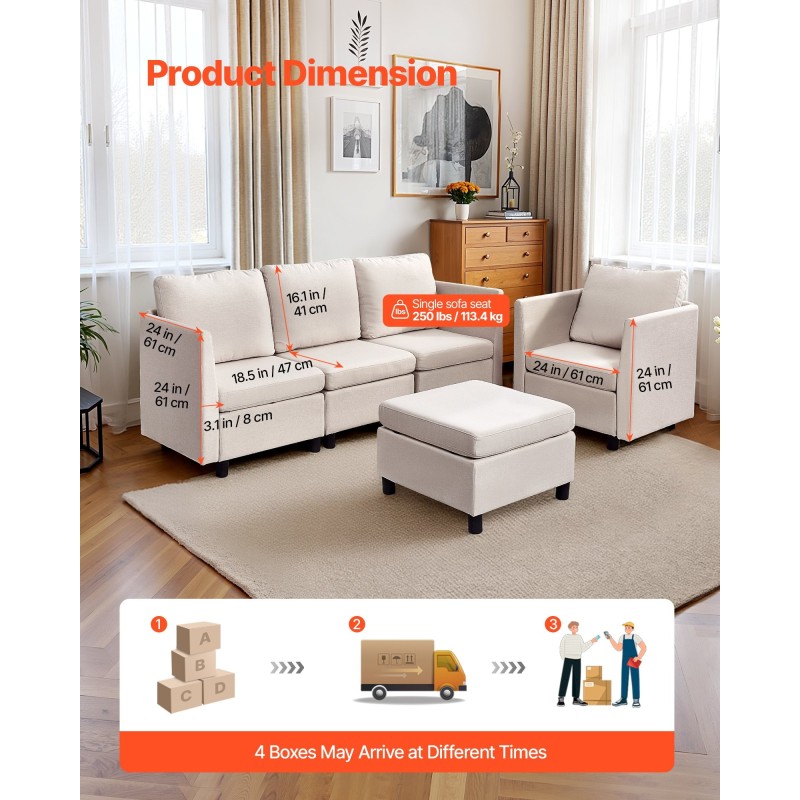 Sohva 5-paikkainen modulaarinen murtovalkoinen puuvilla-pellavasekoitekangas säilytystilalla täyspuinen runko