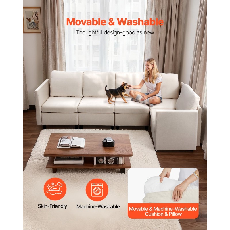 Sohva 5-paikkainen modulaarinen murtovalkoinen puuvilla-pellavasekoitekangas säilytystilalla täyspuinen runko