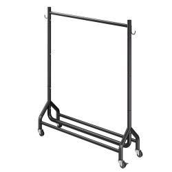 Vaateräkki hiiliteräsrungolla yhdellä ripustustangolla ja sivukoukuilla neljä pyörää joista kaksi jarrullista