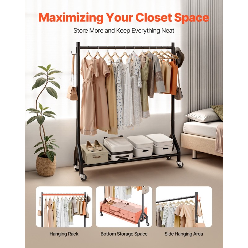 Vaateräkki hiiliteräsrungolla yhdellä ripustustangolla ja sivukoukuilla neljä pyörää joista kaksi jarrullista