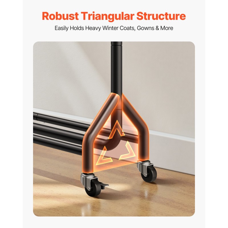 Vaateräkki hiiliteräsrungolla yhdellä ripustustangolla ja sivukoukuilla neljä pyörää joista kaksi jarrullista