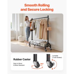 Vaateräkki hiiliteräsrungolla yhdellä ripustustangolla ja sivukoukuilla neljä pyörää joista kaksi jarrullista