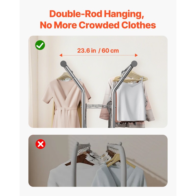 Vaateteline hiiliteräksinen säädettävä kahdella ripustustangolla kahdella hyllyllä pyörillä