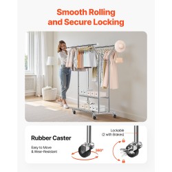 Vaateteline hiiliteräksinen säädettävä kahdella ripustustangolla kahdella hyllyllä pyörillä