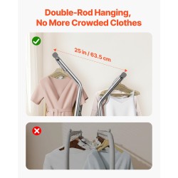 Vaateripustin hiiliteräsrunko kaksi ripustustankoa säädettävä 107–166 cm alasäilytyskorilla pyörillä