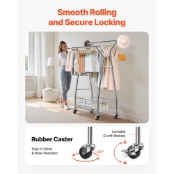 Vaateripustin hiiliteräsrunko kaksi ripustustankoa säädettävä 107–166 cm alasäilytyskorilla pyörillä