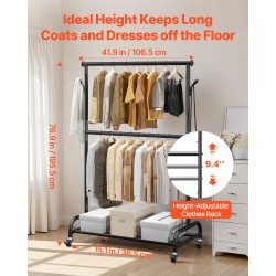 Vaateräkki hiiliterästä 2 ripustustankoa 1 hylly säädettävä korkeus pyörillä