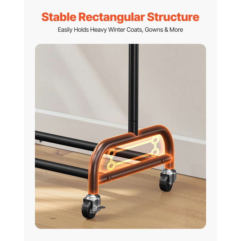 Vaateräkki hiiliterästä 2 ripustustankoa 1 hylly säädettävä korkeus pyörillä