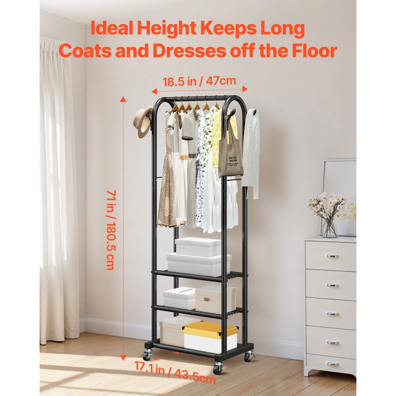 Vaate ja pyykkiteline hiiliteräs yhdellä ripustustangolla kolmella hyllyllä sivukoukuilla pyörillä kahdella jarrulla