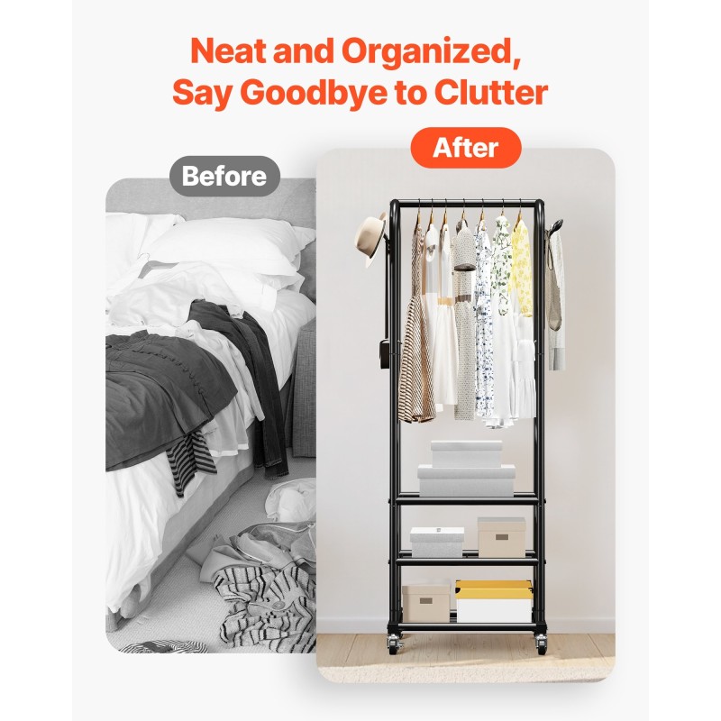 Vaate ja pyykkiteline hiiliteräs yhdellä ripustustangolla kolmella hyllyllä sivukoukuilla pyörillä kahdella jarrulla