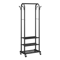 Vaate ja pyykkiteline hiiliteräs yhdellä ripustustangolla kolmella hyllyllä sivukoukuilla pyörillä kahdella jarrulla