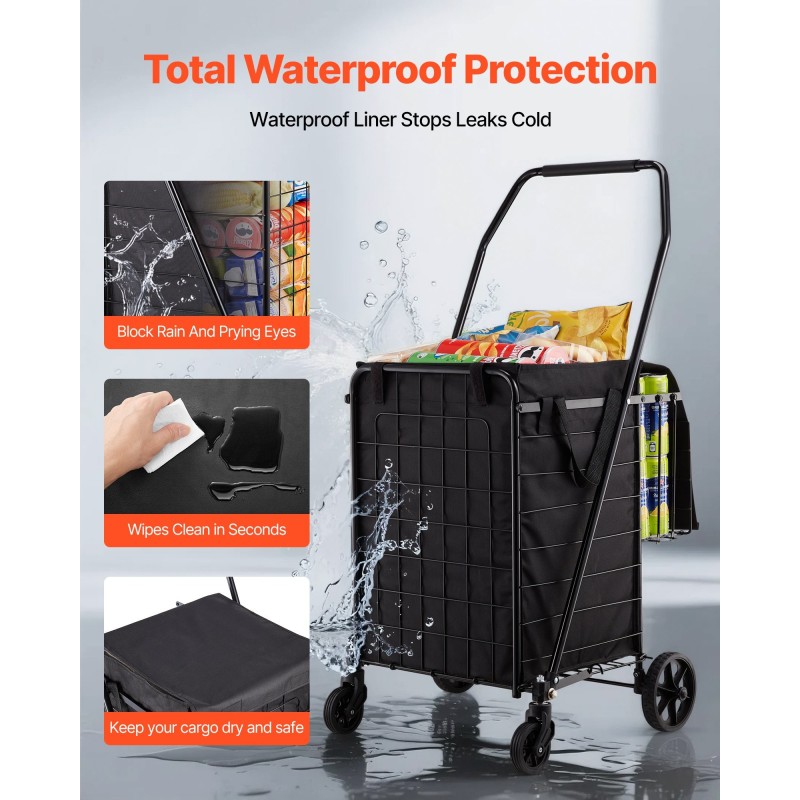 Taitettava kaksikorinen ostoskärry mustalla rautarungolla ja vedenpitävällä sisuksella