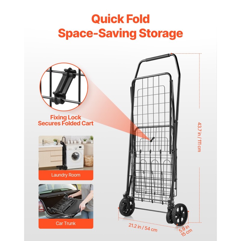 Taitettava kaksikorinen ostoskärry mustalla rautarungolla ja vedenpitävällä sisuksella