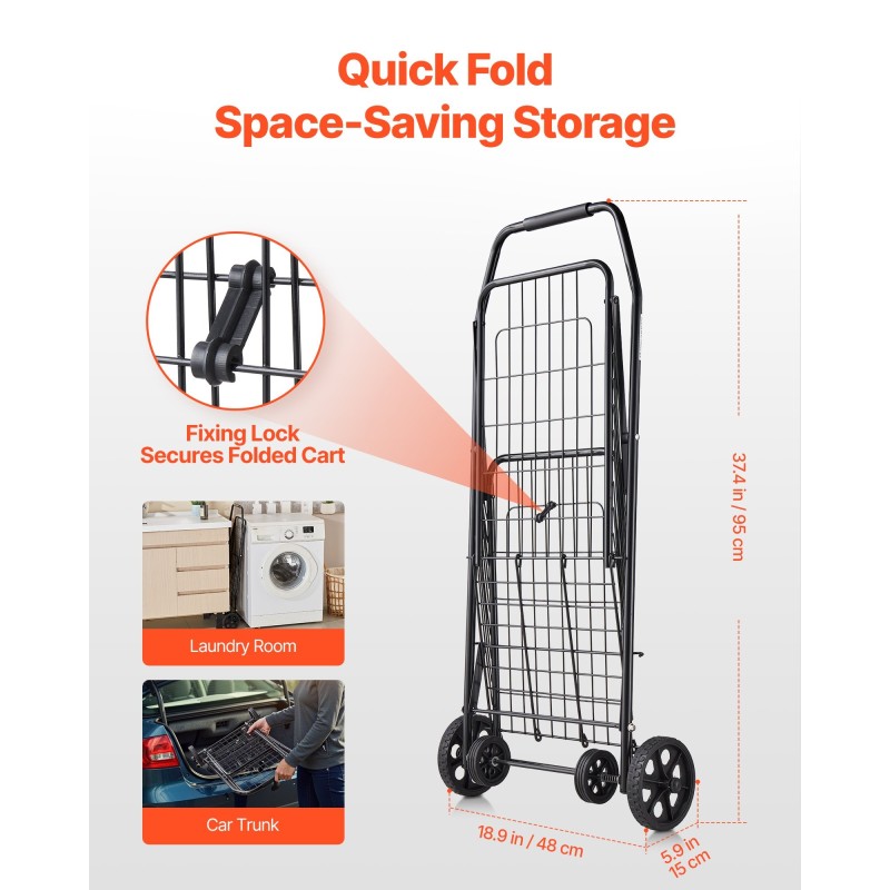 Ostos- ja kuljetuskärry rautarunkoinen taitettava 40,8 kg 39 l musta
