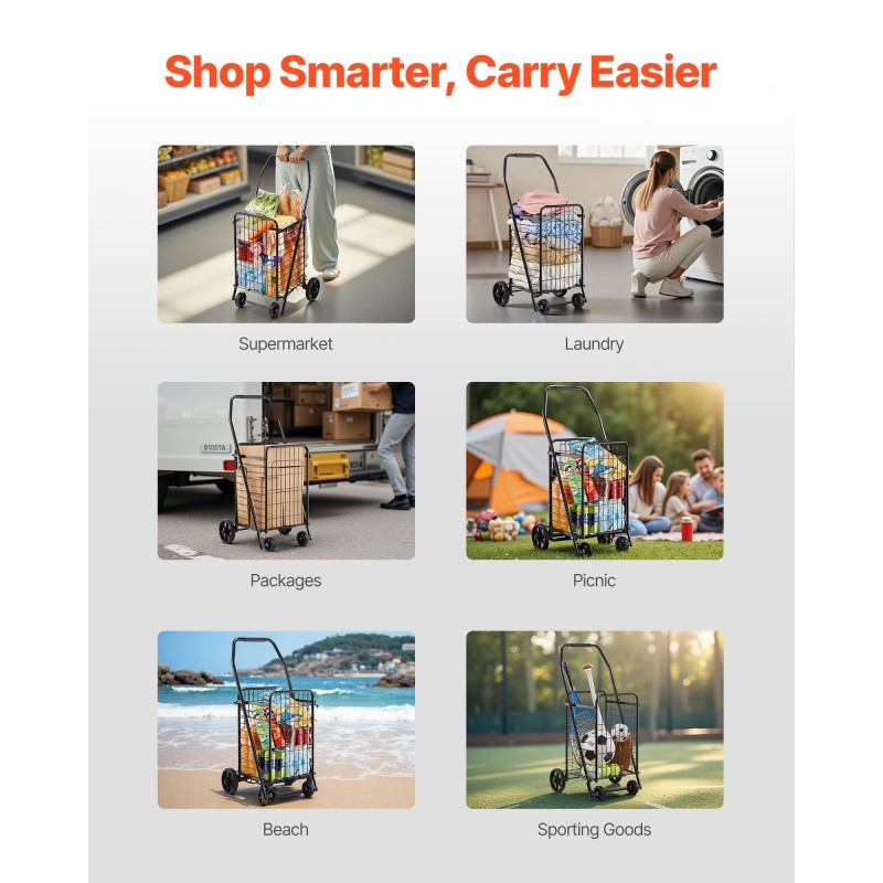 Ostos- ja kuljetuskärry rautarunkoinen taitettava 40,8 kg 39 l musta