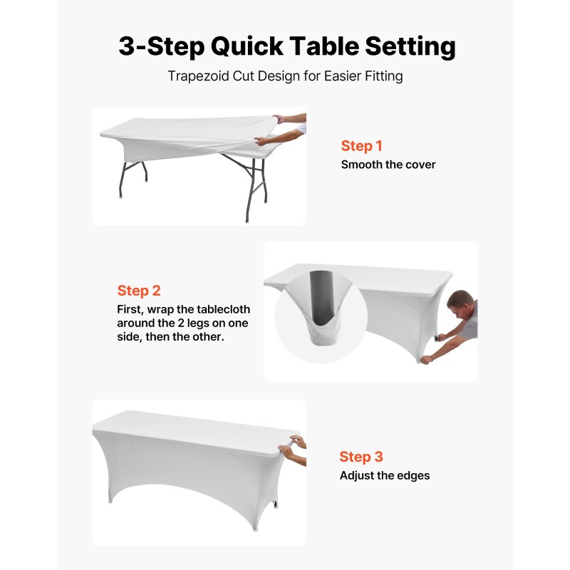 Pöytäliinasetti 6 kpl elastaania sisältävää joustavaa kangasta 8 jalan suorakulmaisille pöydille valkoinen