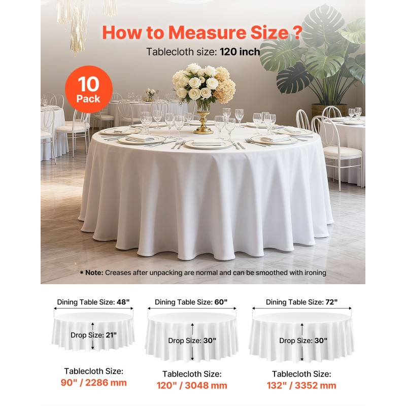 Pyöreät pöytäliinat polyesteri 3048 mm 10 kpl valkoinen juhliin