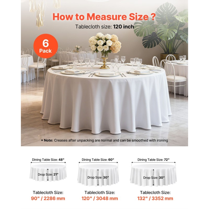 Pyöreä pöytäliinasetti valkoinen polyesterikangas 6 kpl halkaisija 3048 mm juhliin