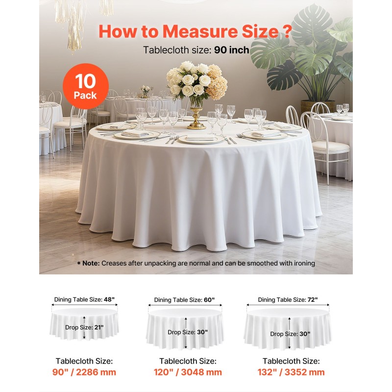 Pöytäliinasetti pyöreä polyesterikangas valkoinen 10 kpl 90 tuumaa konepestävä