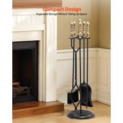 Takkatökalusarja 5-osainen taottua rautaa ja hiiliterästä mustalla jalustalla