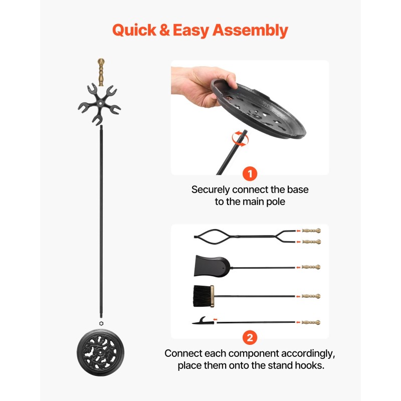 Takkatökalusarja 5-osainen taottua rautaa ja hiiliterästä mustalla jalustalla