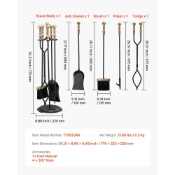 Takkatökalusarja 5-osainen taottua rautaa ja hiiliterästä mustalla jalustalla