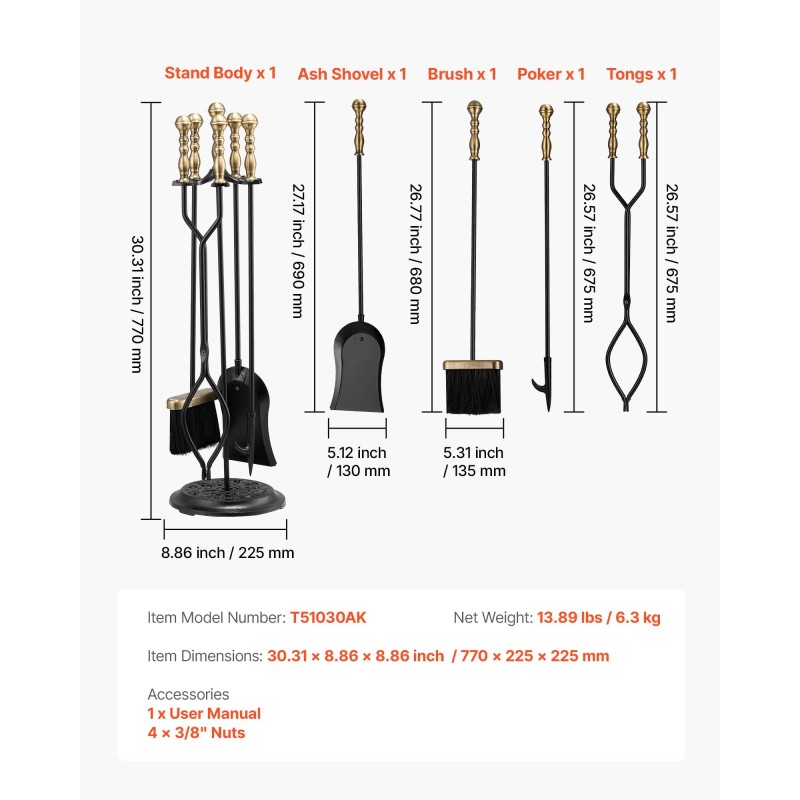 Takkatökalusarja 5-osainen taottua rautaa ja hiiliterästä mustalla jalustalla