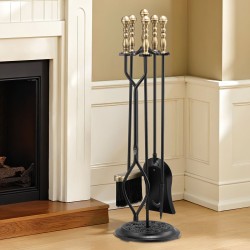 Takkatökalusarja 5-osainen taottua rautaa ja hiiliterästä mustalla jalustalla