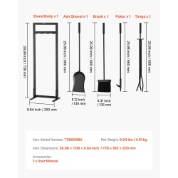 Takkavälinesetti 5-osainen taottua rautaa ja hiiliterästä jalustalla musta sisä- ja ulkokäyttöön