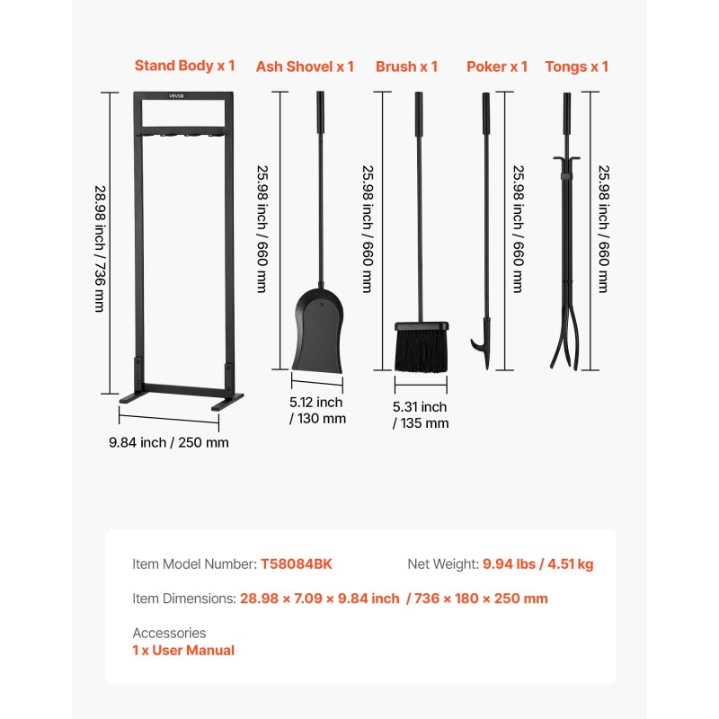 Takkavälinesetti 5-osainen taottua rautaa ja hiiliterästä jalustalla musta sisä- ja ulkokäyttöön