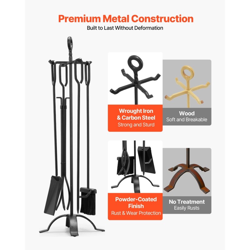 Takkatyökalusetti 5-osainen taotusta raudasta ja hiiliteräksestä sisä- ja ulkokäyttöön