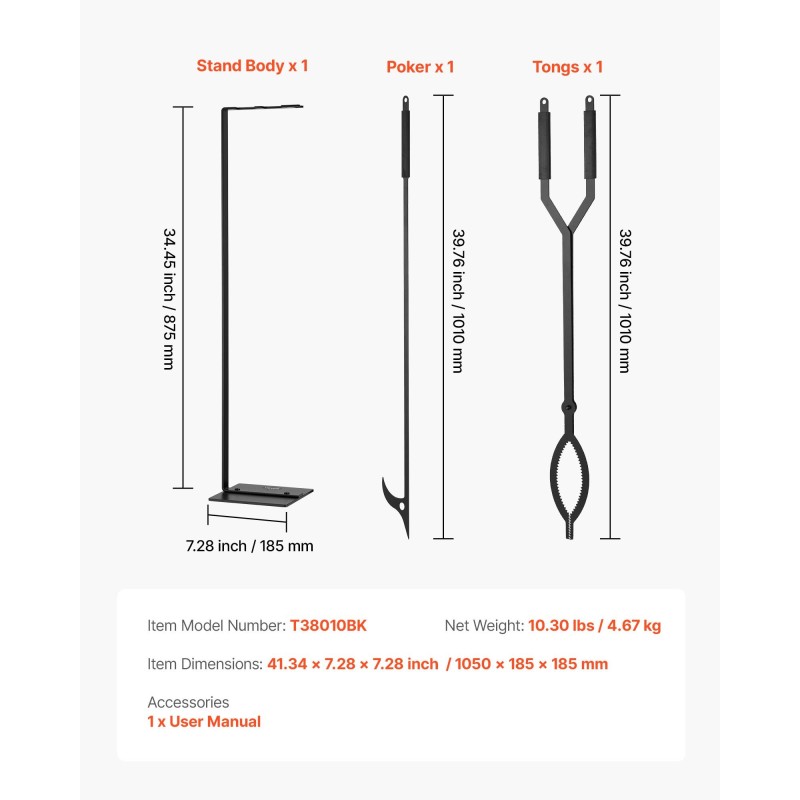 Takkavälinesetti 3-osainen taottu rauta pihti ja hiilihanko jalustallinen teline