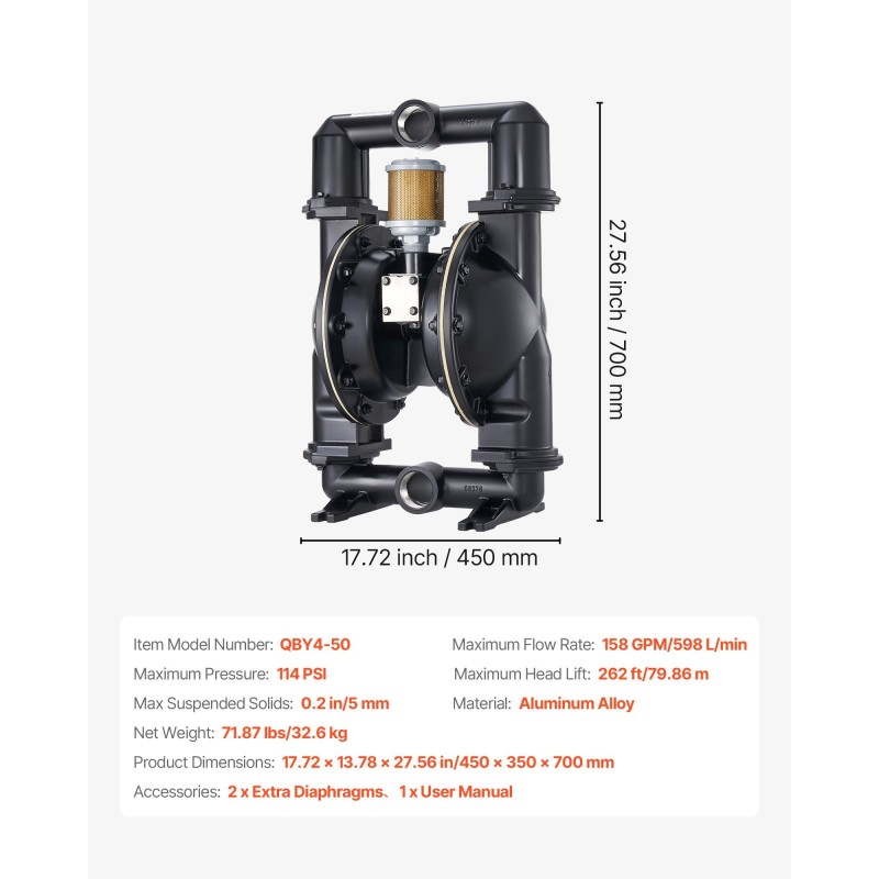 Paineilmatoiminen alumiiniseoksinen kaksikalvopumppu polttoaineille ja jäteöljylle 598 l/min