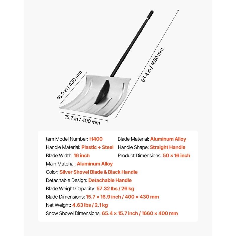 Lumilapio 40 cm leveä alumiiniterä irrotettava teräsvarsi PVC kahva ajoteille