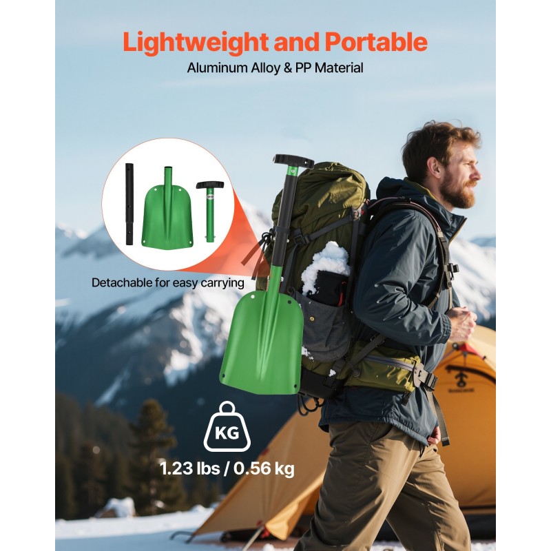 Lumilapio alumiiniseoslapa säädettävä teleskooppivarsi pituus 660–810 mm T-muotoinen kahva vihreä