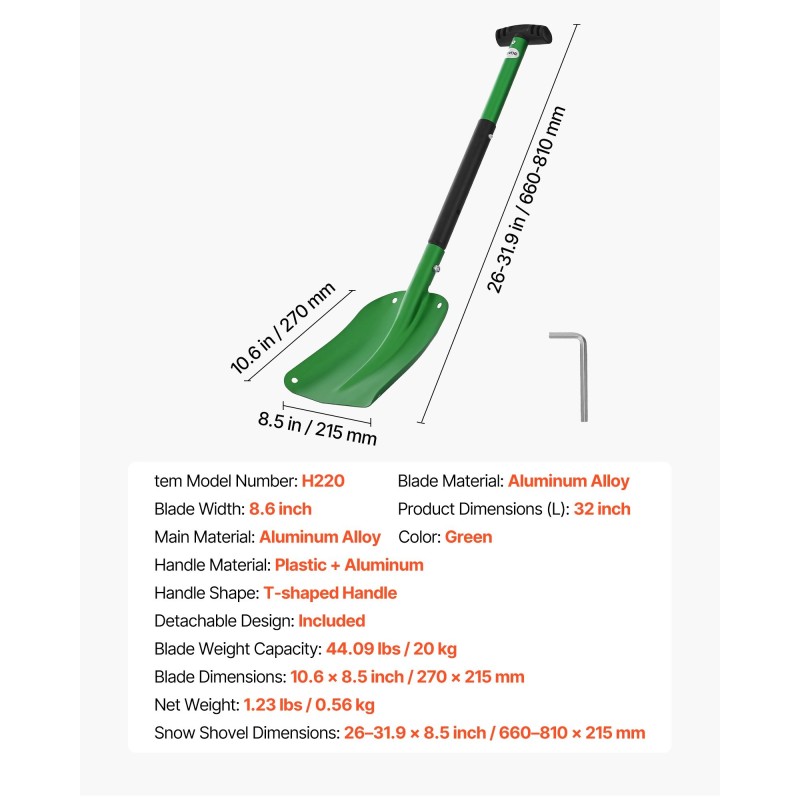 Lumilapio alumiiniseoslapa säädettävä teleskooppivarsi pituus 660–810 mm T-muotoinen kahva vihreä