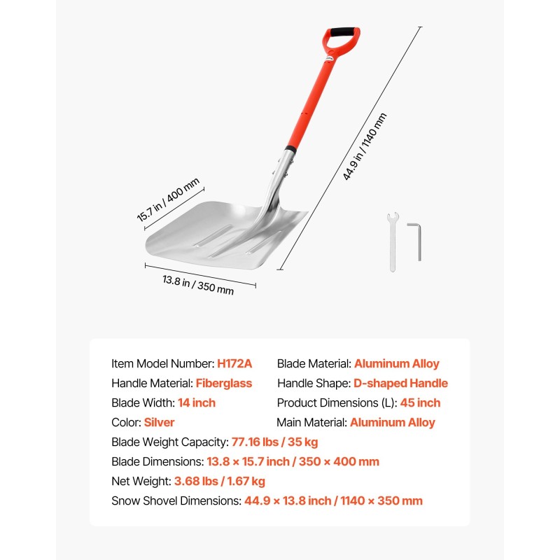 Lumikola alumiiniterällä 35 cm leveä lasikuitukahvalla pituus 114 cm